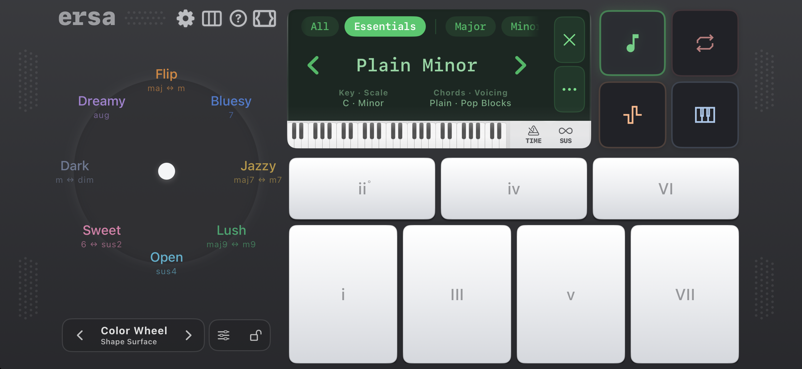 Ersa Chord Machine on an iPhone, showing the Color Wheel, Plain Minor preset, and seven playable chord pads.